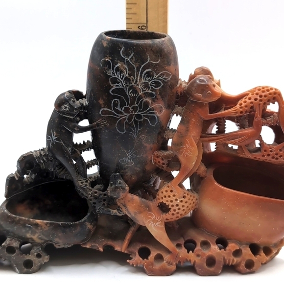 Vintage Asian Chinese Carved Soapstone Monkey Animal Vase - Brush Pot - Display - Picture 8 of 13